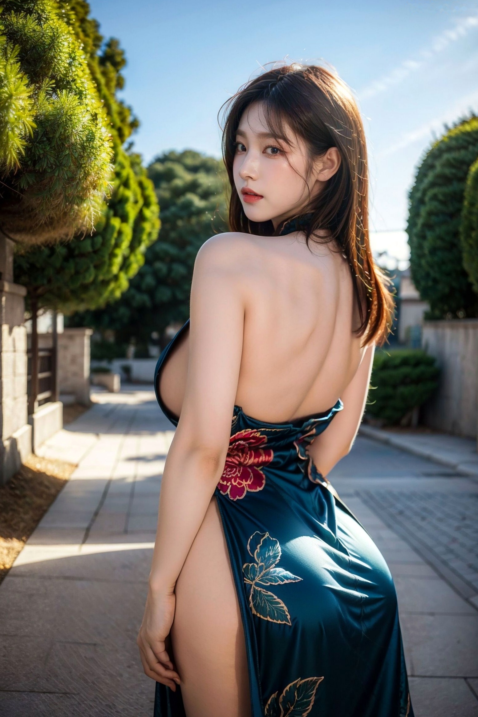 AI美女-拟实-情趣古风露背旗袍-蓝色版 街拍高衩性感写真