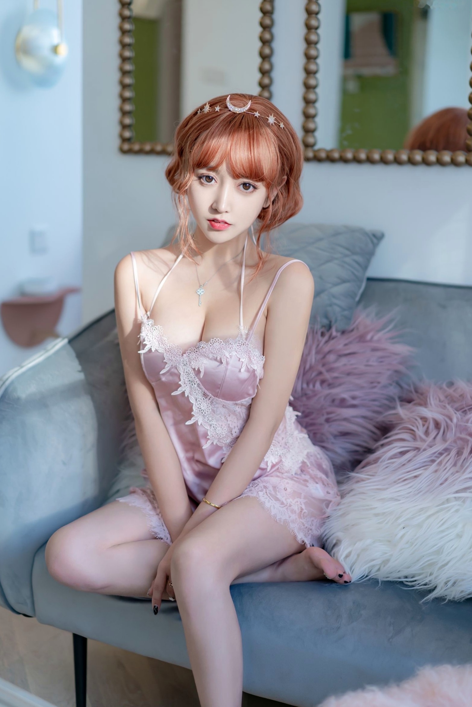 过期米线线喵-054-星月公主:粉色蕾丝吊带私房写真,演绎梦幻甜美诱惑