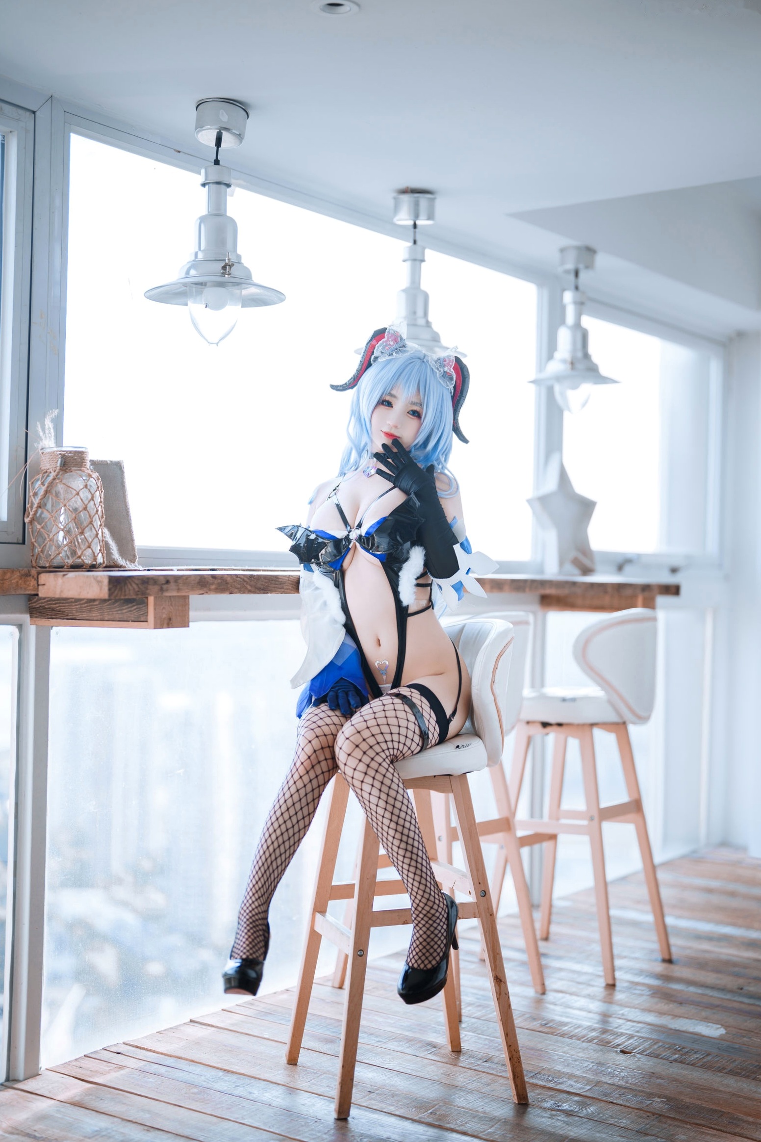 桜井宁宁-057-甘雨,极致还原cosplay写真,乳胶连体衣配渔网袜,展示绝美身材与诱惑魅力