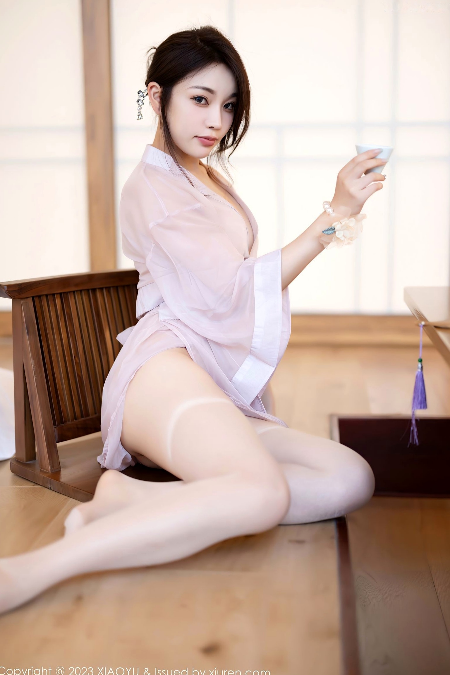 XiaoYu语画界-1076-徐莉芝:浅粉透视和服湿身诱惑,慵懒私房照展现极致气质