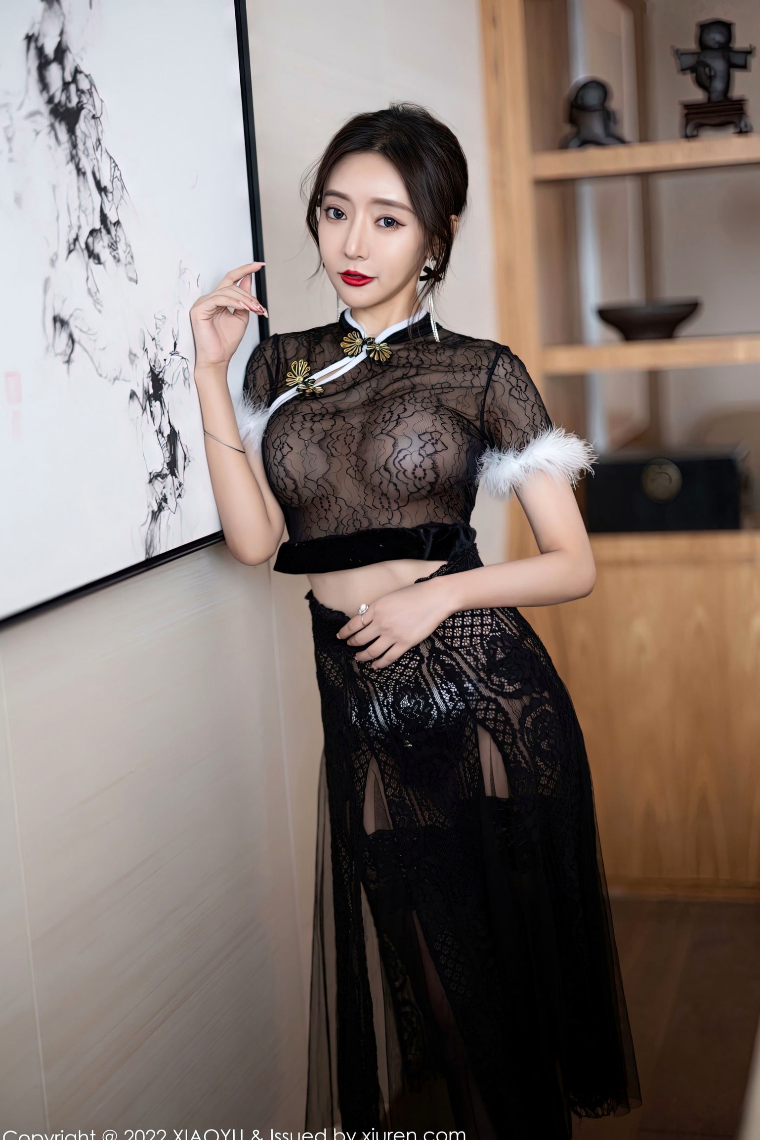 XiaoYu语画界926期:王馨瑶Yanni黑色薄纱情趣旗袍私房,极品蕾丝袜诱惑尽显冷艳气质