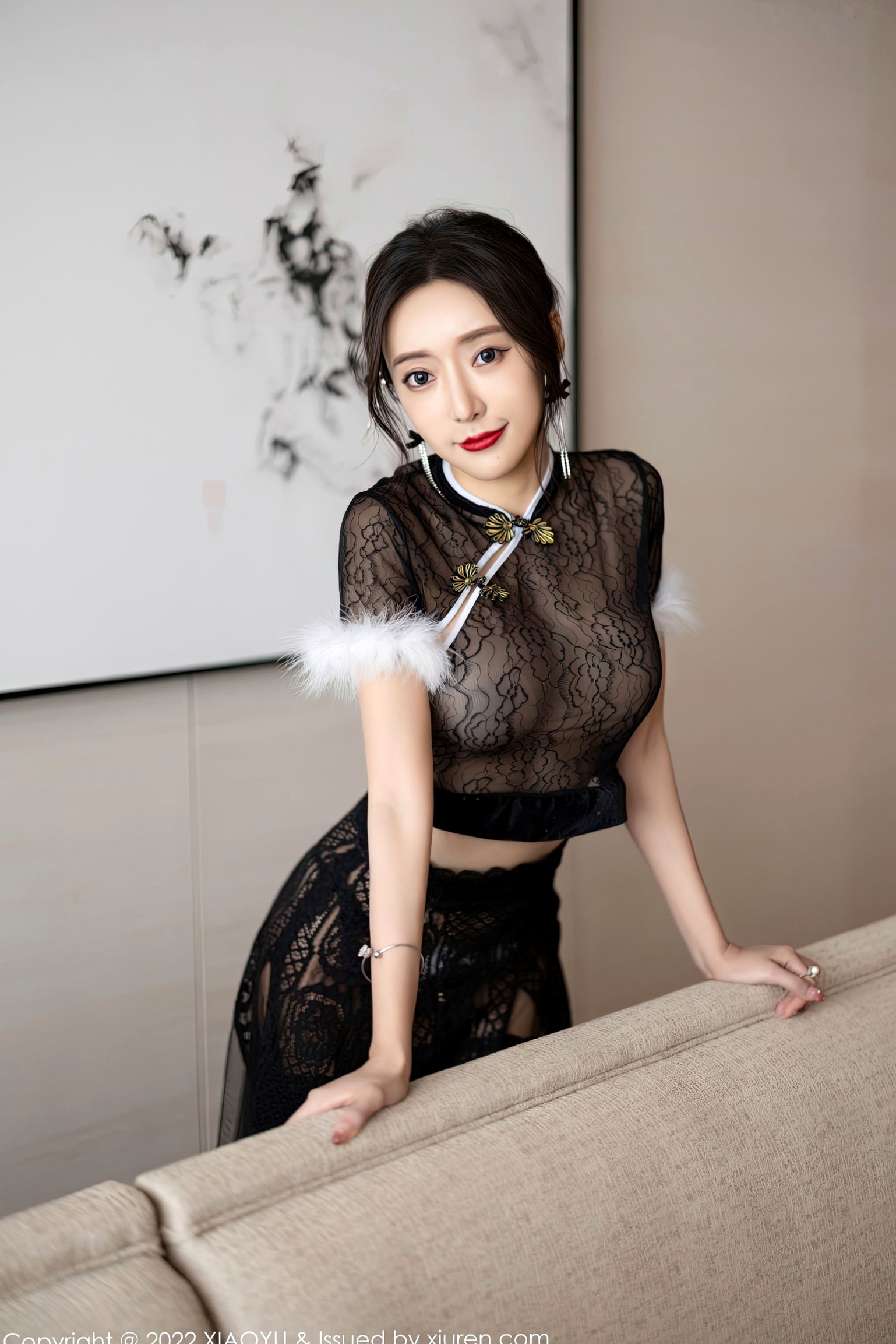 XiaoYu语画界926期:王馨瑶Yanni黑色薄纱情趣旗袍私房,极品蕾丝袜诱惑尽显冷艳气质