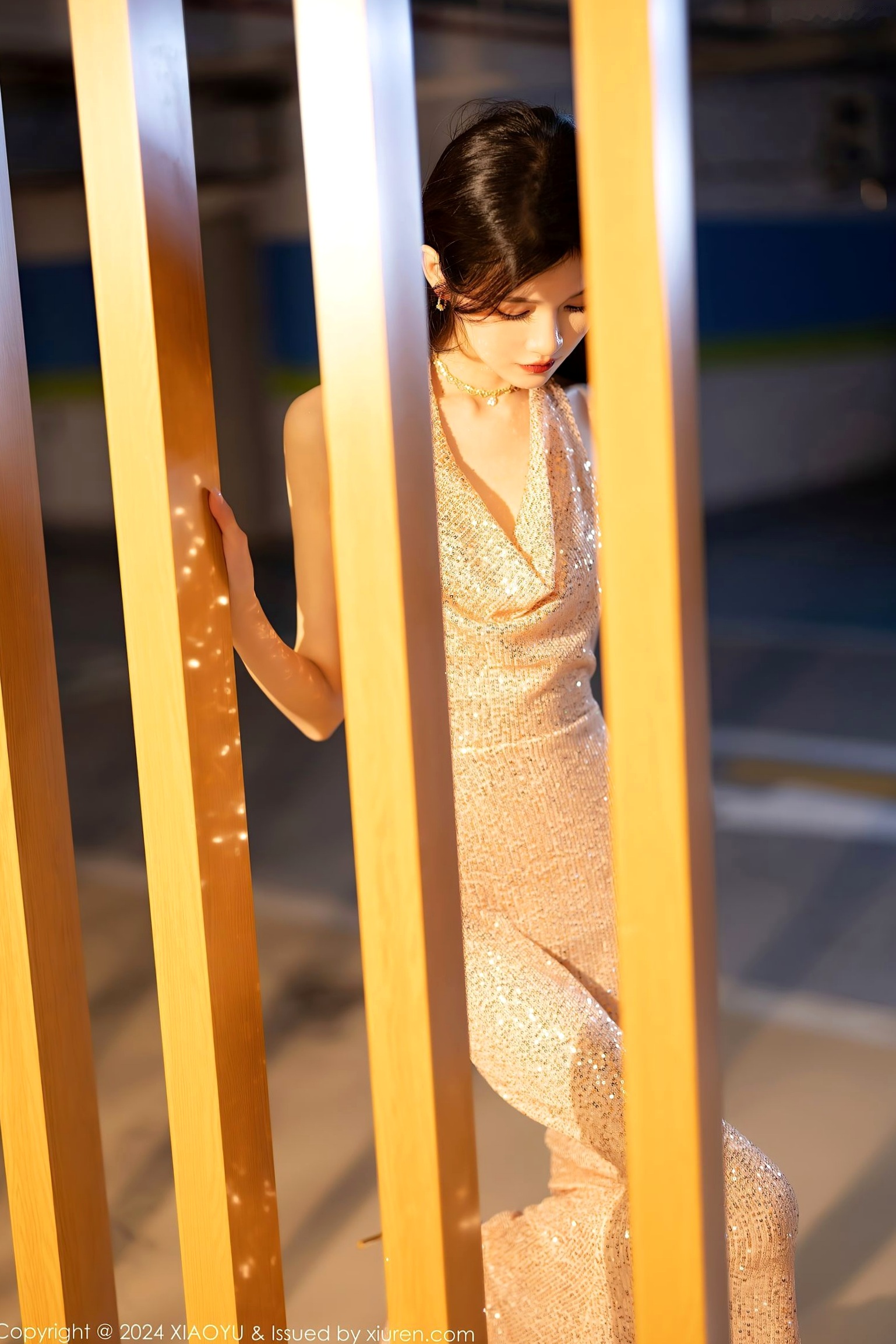 XiaoYu语画界-1195-程程程-淡金礼服长裙玫瑰花束与黑色轻透情趣内衣私房写真,极致黑丝诱惑,展现冷艳御姐氛围感-2024.01.31
