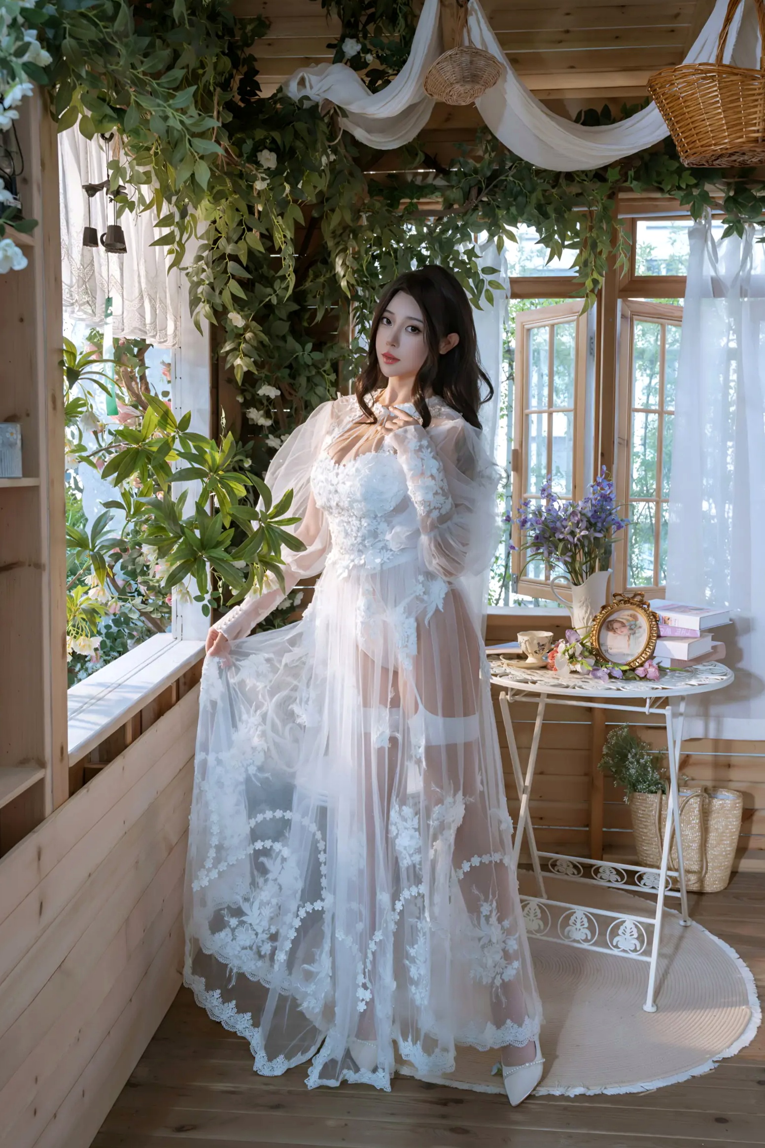 奈汐酱nice绝美下午茶写真,白纱蕾丝私房诱惑,花海光影与绝妙曲线的视觉盛宴