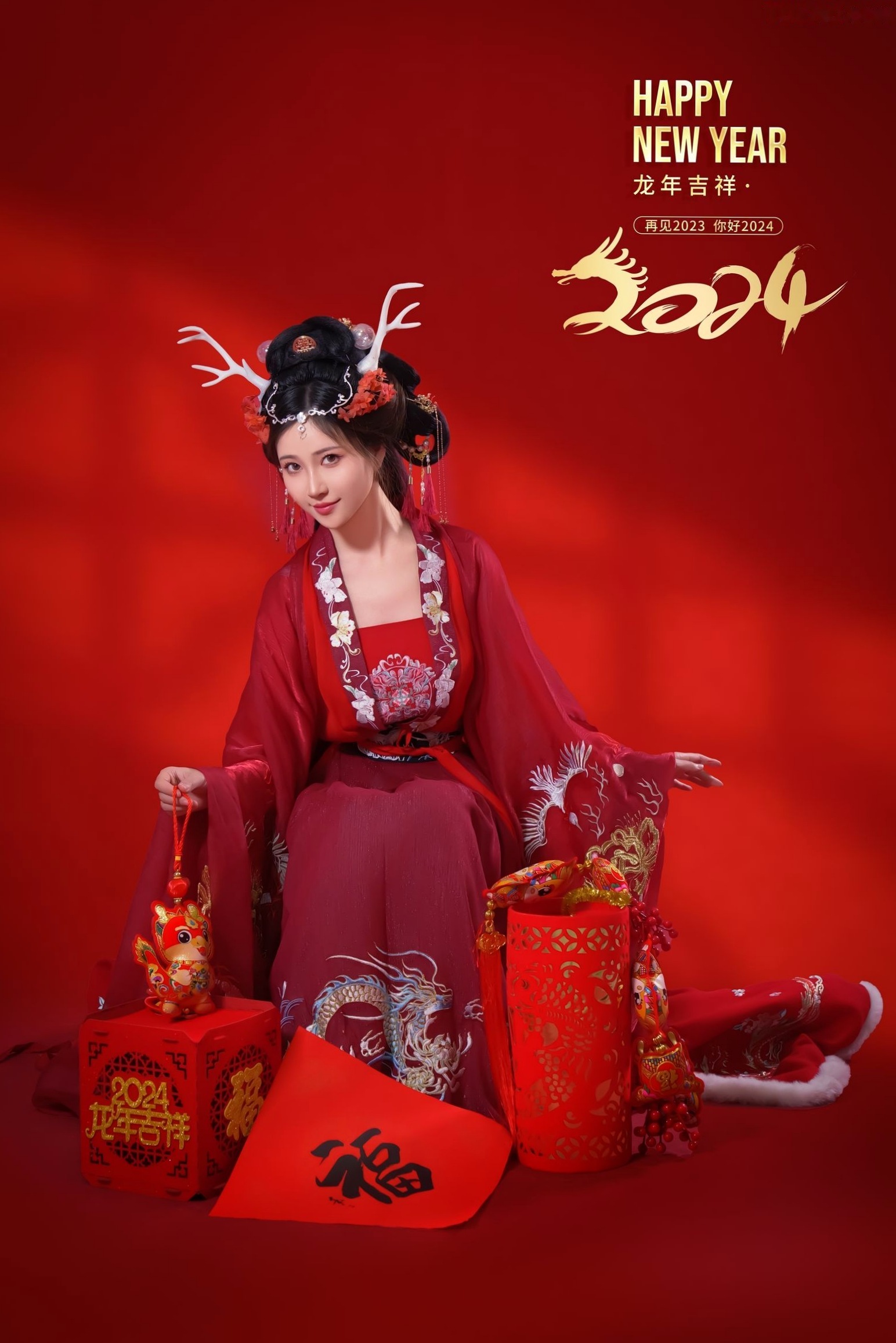 年年-新年快乐-2024龙年新春大尺度私房照-古风红色性感女神