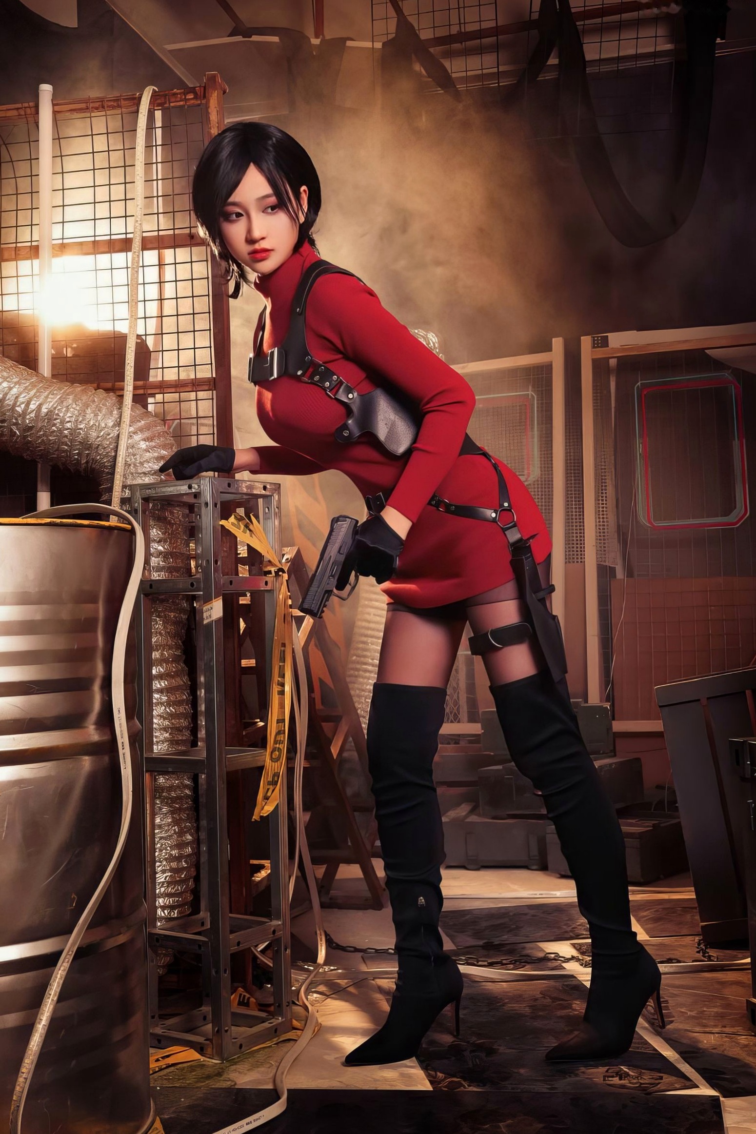 年年-艾达-Ada-Wong-生化危机特工角色扮演,工业风场景下的极致演绎,冷艳气质与火辣身材完美融合