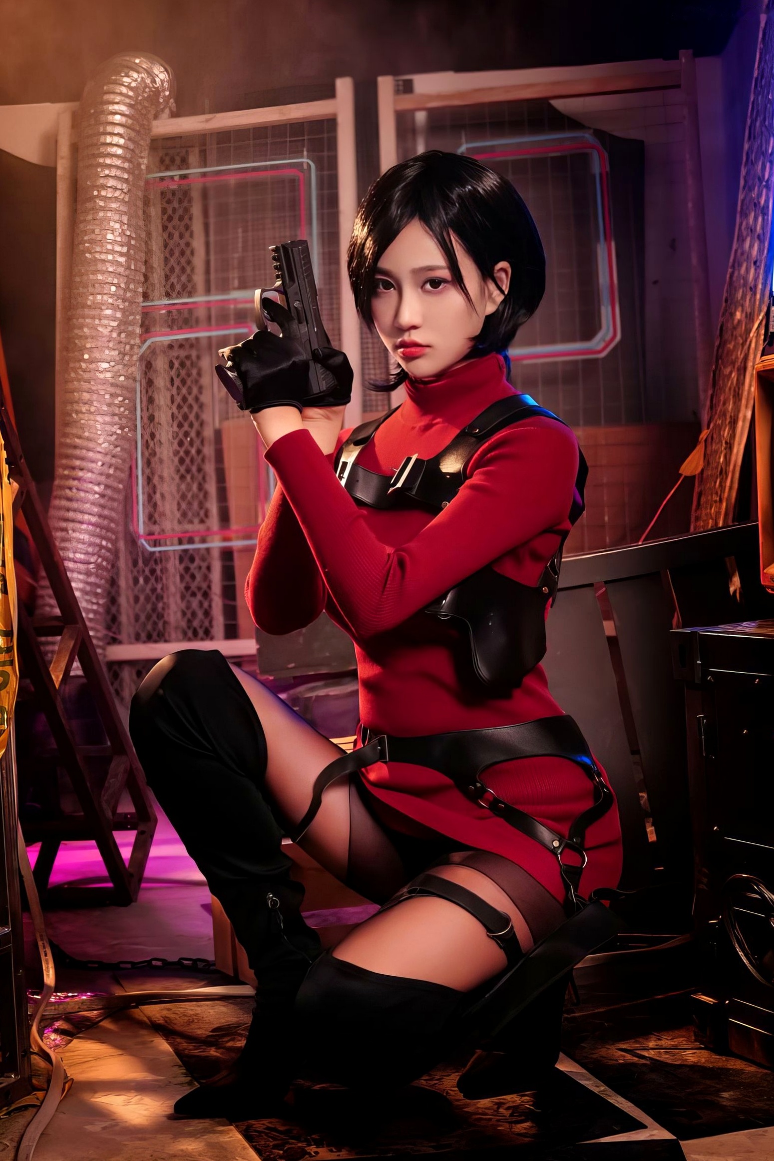 年年-艾达-Ada-Wong-生化危机特工角色扮演,工业风场景下的极致演绎,冷艳气质与火辣身材完美融合