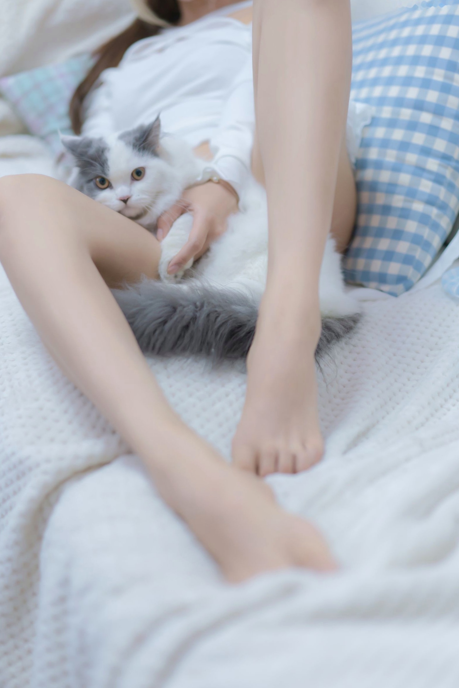 过期米线线喵-我和猫:纯白蕾丝私房写真,居家慵懒风与软萌猫咪的治愈系诱惑