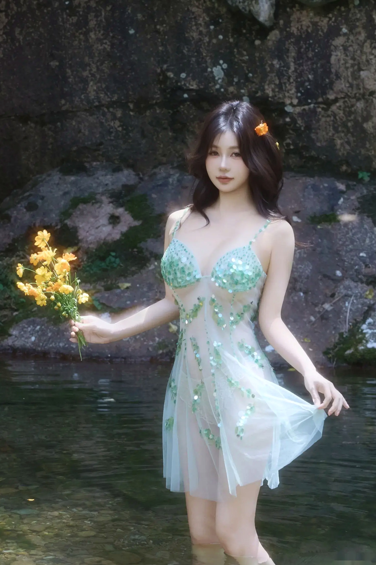 尹甜甜 - 森林溪谷灵动写真 户外湿身野性私房 唯美自然花朵艺术 治愈系女神写真 [73P]