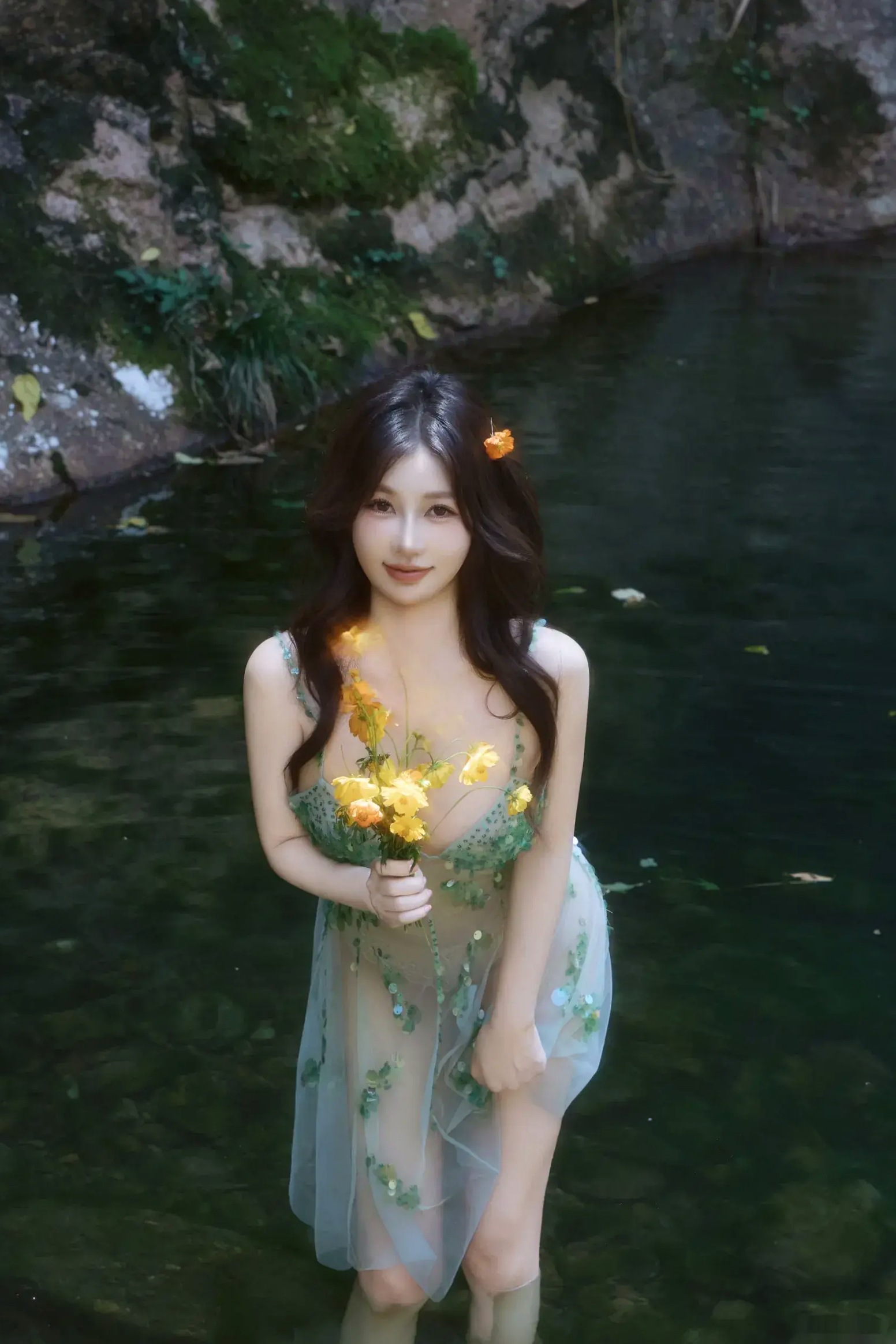 尹甜甜 - 森林溪谷灵动写真 户外湿身野性私房 唯美自然花朵艺术 治愈系女神写真 [73P]