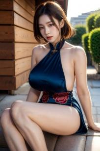 AI美女-拟实-情趣古风露背旗袍-蓝色版 街拍高衩性感写真